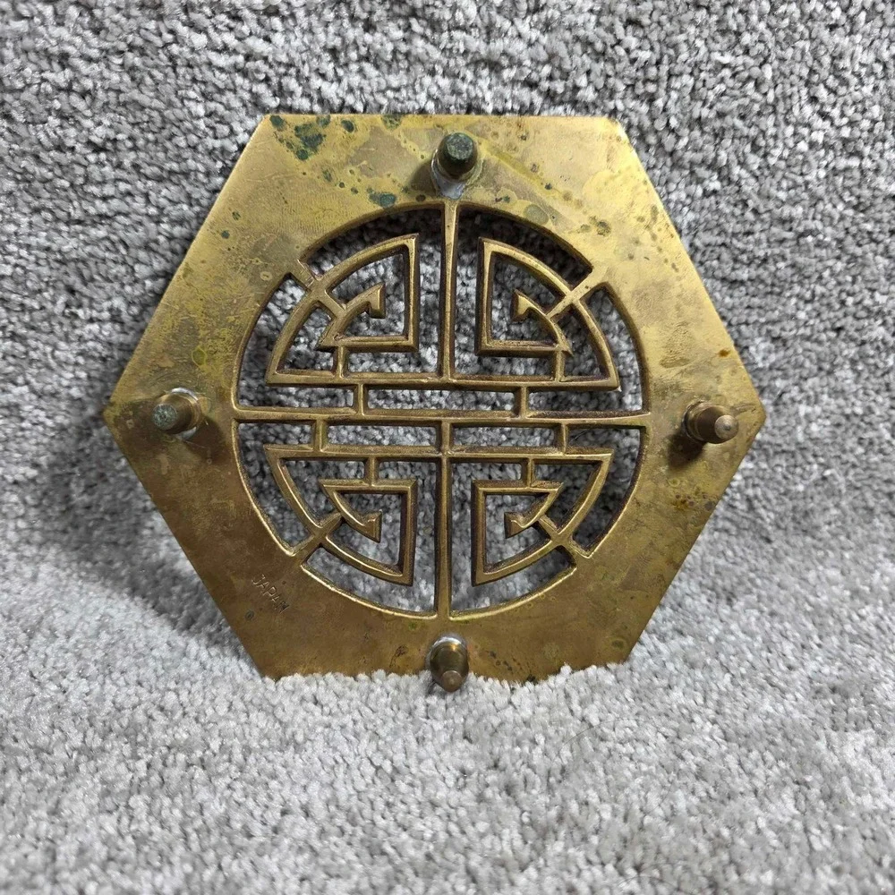 Vintage Brass Trivet with Longevity Symbol – Hexagonal Asian‎ Decor Japan